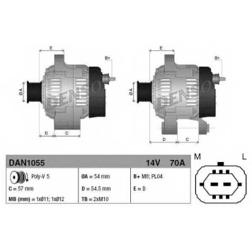 Генератор 70А для OPEL AGILA(A) (H00), ASTRA(L08,L35,L48), COMBO, CORSA(F68, W5L,F08), MERIVA, TIGRA TwinTop <b>DENSO DAN1055</b>