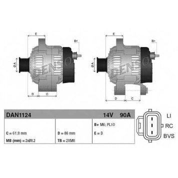 Генератор 90А для FORD FOCUS(DBW,DAW,DFW,DNW) <b>DENSO DAN1124</b>-3