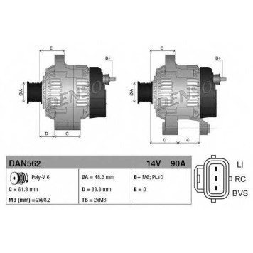 Генератор 90А для FORD FOCUS(DBW,DAW,DFW,DNW) <b>DENSO DAN562</b>-3
