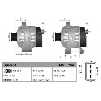 Генератор 70А для TOYOTA YARIS(NCP1#, NLP1#,SCP1#) <b>DENSO DAN964</b>-3