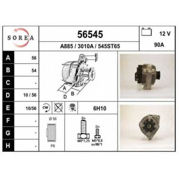 Генератор 90А для CITROEN BERLINGO, EVASION, JUMPY, XANTIA, XM, XSARA, ZX / FIAT SCUDO, ULYSSE / HYUNDAI LANTRA / LANCIA ZETA / PEUGEOT 306, 405, 406, 605, 806, BOXER, EXPERT, PARTNER <b>EAI 56545 / 3010A</b>