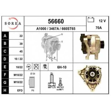 Генератор 70А для CITROEN BERLINGO, C15, C5, EVASION, JUMPER, JUMPY, XANTIA, XSARA / FIAT DUCATO, SCUDO, ULYSSE / LANCIA ZETA / PEUGEOT 206, 306, 406, 806, BOXER, EXPERT, PARTNER <b>EAI 56660 / 3467A</b>