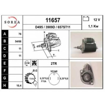 Стартер 1,1кВт для VW CORRADO(53I), GOLF(1G1,19E), PASSAT(35I,3A2,3A5) <b>EAI 11657 / 3909D</b>