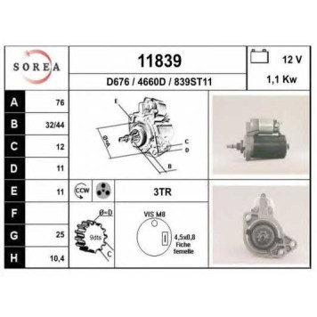 Стартер 1,1кВт для AUDI A3 / FORD GALAXY / SKODA OCTAVIA / VW CADDY, CORRADO, GOLF, JETTA, PASSAT, POLO, SHARAN, VENTO <b>EAI 11839 / 4660D</b>