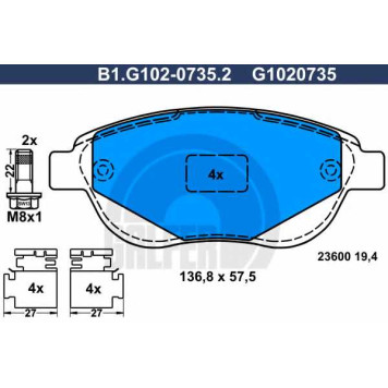 Колодки тормозные дисковые для CITROEN C3, C4, XSARA / PEUGEOT 1007, 206, 207, 307 <b>GALFER B1.G102-0735.2 / G1020735</b>