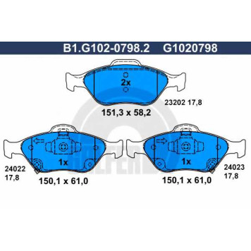 Колодки тормозные дисковые для DAIHATSU CHARADE / TOYOTA YARIS(KSP13#, KSP9#, NCP13#, NCP15#, NCP9#, NHP13#, NLP13#, NSP13#, NSP9#, SCP9#, ZSP9#) <b>GALFER B1.G102-0798.2 / G1020798</b>