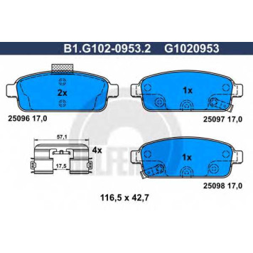 Колодки тормозные дисковые для CHEVROLET AVEO, CRUZE, ORLANDO, TRACKER, VOLT / OPEL AMPERA, ASTRA GTC J, ASTRA, CASCADA, MOKKA, ZAFIRA <b>GALFER B1.G102-0953.2 / G1020953</b>