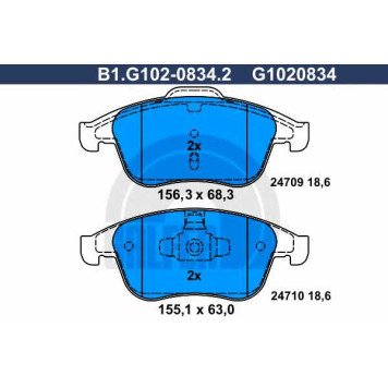 Колодки тормозные дисковые для RENAULT CLIO, GRAND, LAGUNA, LATITUDE, MEGANE, SCENIC <b>GALFER B1.G102-0834.2 / G1020834</b>