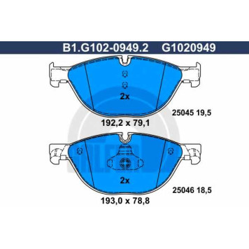 Колодки тормозные дисковые для BMW 5(F07,F10,F11,F18), 6(F06,F12,F13), 7(F01,F02,F03,F04) <b>GALFER B1.G102-0949.2 / G1020949</b>