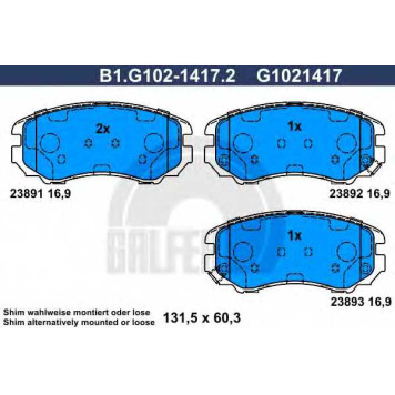 Колодки тормозные дисковые для HYUNDAI COUPE, ELANTRA, SONATA, TIBURON, TUCSON / KIA MAGENTIS, SOUL, SPORTAGE <b>GALFER B1.G102-1417.2 / G1021417</b>