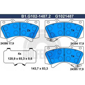 Колодки тормозные дисковые для TOYOTA LAND CRUISER 200(UZJ2#, VDJ2#), LAND CRUISER(BJ7#, HZJ7#, KZJ7#, LJ7#, PZJ7#, RJ7#) <b>GALFER B1.G102-1487.2 / G1021487</b>