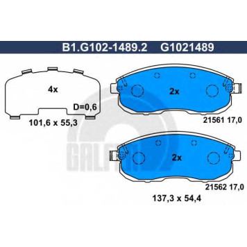 Колодки тормозные дисковые для NISSAN CUBE, JUKE, PULSAR, TEANA, TIIDA / RENAULT LATITUDE / SUZUKI SX4 <b>GALFER B1.G102-1489.2 / G1021489</b>