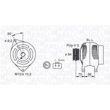 Генератор 105А для DACIA LOGAN / RENAULT CLIO, KANGOO, KANGOO Express, LAGUNA, THALIA <b>MAGNETI MARELLI 063310506010 / MAN956</b>