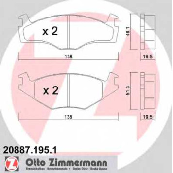 Колодки тормозные дисковые для VW CADDY, GOLF, JETTA, PASSAT, SANTANA, SCIROCCO, VENTO <b>ZIMMERMANN 20887.195.1 / 20887</b>