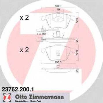 Колодки тормозные дисковые для AUDI A4(8E5,B6), A6(4B2,4B5,C5), ALLROAD(4BH,C5) <b>ZIMMERMANN 23762.200.1 / 23762</b>