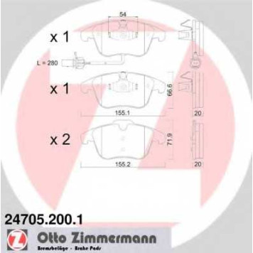 Колодки тормозные дисковые для AUDI A4(8K2,8K5,8KH,B8), A5(8F7,8T3,8TA) <b>ZIMMERMANN 24705.200.1 / 24705</b>