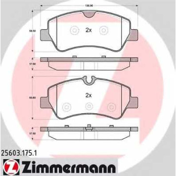 Колодки тормозные дисковые для FORD TOURNEO CUSTOM, TRANSIT CUSTOM, TRANSIT <b>ZIMMERMANN 25603.175.1 / 25603</b>